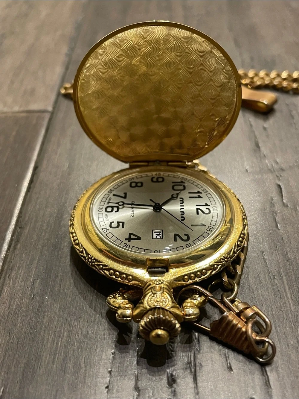 Milan Quartz Pocket Watch Hunter Eagle “DAD” Ornate Gold Tone w/ Chain